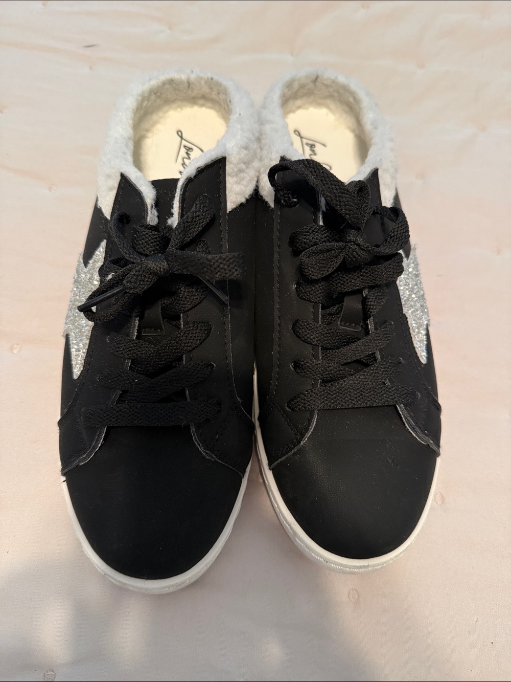 Black Sneaker slip-on mules with Silver Glitter Star and White Sherpa Collar